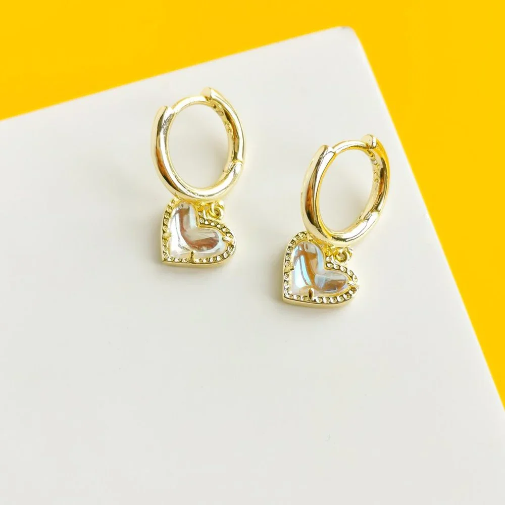 Ari Heart Gold Dichroic Glass Huggie Earrings - Picture 2 of 3